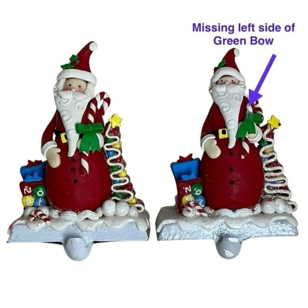 Vintage Cast Iron Stocking Holders Santa Clause Ribbon Candy Holiday Red 2 PC